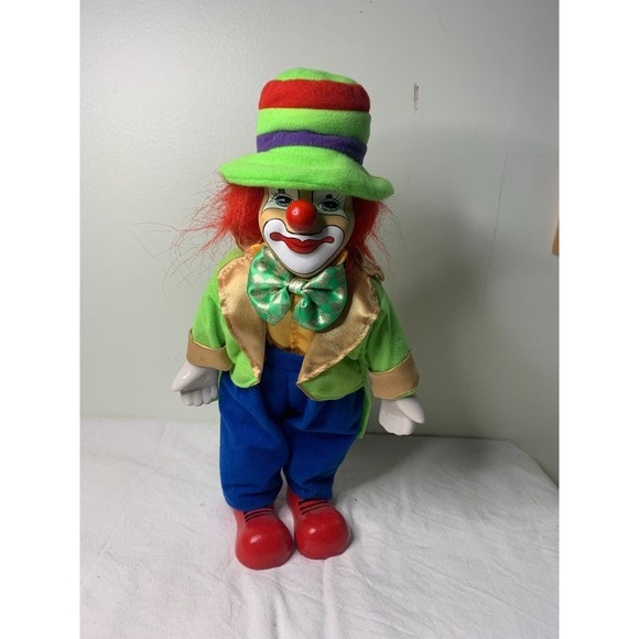 Unknown Other - Vintage Porcelain Head Hands Feet Clown Blue Overall Pants Stuffed Body 13''